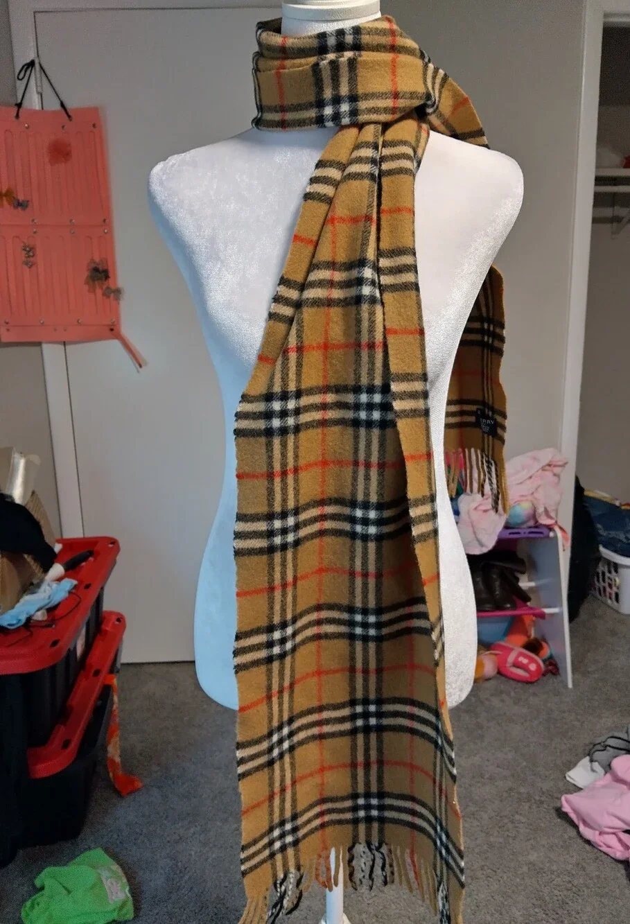 Vintage 100%,Lambswool Burberry Tan Plaid Scarf with Black, White and Red Checks
